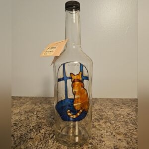 Home Decor Hand Painted Glass Bottle Faux Stained Glass Cat Collectable